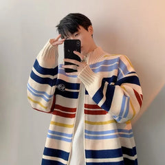 Threebooy Autumn Clothing Men's Light Luxury Knitted Cardigan Sweatercoat Korean Vintage Zipper Striped Long Sleeve Knitwear New