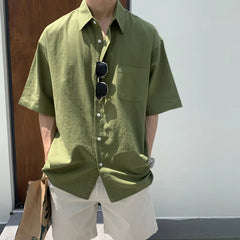 Threebooy Summer Thin Shirts Mens Solid Color Short Sleeve Loose Handsome Fashion Casual Streetwear All-match Men's Clothing Green/White