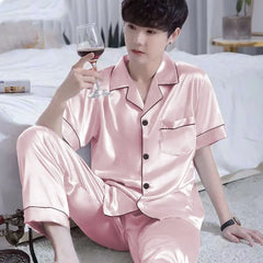 Threebooy Solid Pajama Sets for Lovers Silk Nightwear Solid Color Night Suit Men Plus Size Sleepwear Fashion Satin Homewear Plus SizeSet