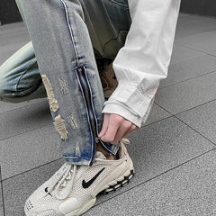 Threebooy Hole Ripped Washed Vintage Men Hip Hop Jeans Trousers West Ankle Zipper Punk Distressed Male Denim Pants