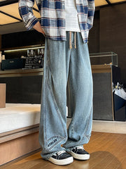 Threebooy Men's Retro Baggy Jeans Korean Fashion Elastic Waist Drawstring Wide-Leg Denim Pants Street Loose Fit Y2K Straight Jeans