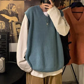 Threebooy Knit Sweater Male Sleeveless Men's Clothing Plain Solid Color Waistcoat Vest V Neck Blue Plus Size Street Korean Fashion Jumpers