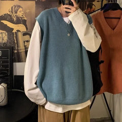 Threebooy Knit Sweater Male Sleeveless Men's Clothing Plain Solid Color Waistcoat Vest V Neck Blue Plus Size Street Korean Fashion Jumpers