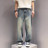 Threebooy Korean Version Autumn Men'S Jeans Totem Wrinkled Straight Leg Pants Retro Blue Pants Casual Mens Baggy Jeans