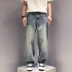 Threebooy Korean Version Autumn Men'S Jeans Totem Wrinkled Straight Leg Pants Retro Blue Pants Casual Mens Baggy Jeans