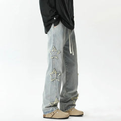Threebooy Star Embroidered Men's Jeans Baggy Straight Elastic Waist Denim Pants Fashion High Street Hip Hop Streetwear Y2K Male Trousers