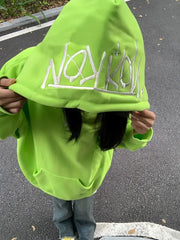 Threebooy Harajuku Letter Embroidered Fluorescent Green Hooded Sweatshirt American Hiphop Loose Couple Coat Y2k Kawaii Women Clothing