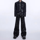 Threebooy Mens Metal Rivet Denim Jacket Micro Flared Washed Jeans Streetwear Fashion Youth Trend Punk Band Casual sets Men'S Clothing