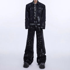 Threebooy Mens Metal Rivet Denim Jacket Micro Flared Washed Jeans Streetwear Fashion Youth Trend Punk Band Casual sets Men'S Clothing