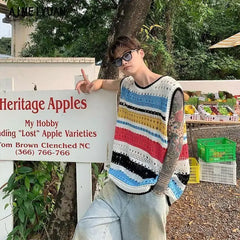 Threebooy Elegant Fashion Harajuku Slim Fit Ropa Hombre Loose Casual All Match Knitwear Stripe Hollow Out Tshirts O Neck Sleeveless Vest