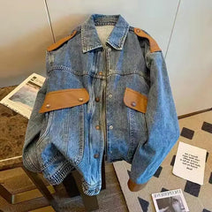 Threebooy American Autumn New Jacket Men's Couple Lapel Deconstructed Fake Two-piece Color Matching Silhouette Loose Denim Trendy Jacket