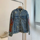 Threebooy Spring Autumn Denim Jacket Couple Embroidered Denim Jacket Unisex American Retro High Street Jacket Hip Hop Streetwear