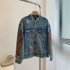 Threebooy Spring Autumn Denim Jacket Couple Embroidered Denim Jacket Unisex American Retro High Street Jacket Hip Hop Streetwear