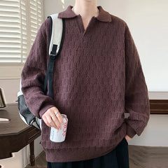 Threebooy Korean Style Men's Polo Sweater Light Luxury Textured V-neck Knit Long Sleeve Pullover Autumn Casaul Trendy Male Clothing M-3XL