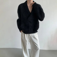 Threebooy Mens Sweater Furry Knit Sweater Street Wear Fashionable Comfortable Youth Trend All-Match Deep V Long-Sleeved Top Men'S Clothing