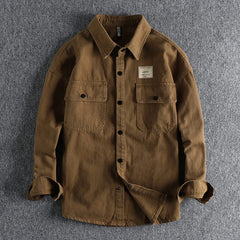 Threebooy Heavy Cotton Men's Twill Woven Vintage Cargo Long Sleeve Shirt Jacket Autumn Winter Work Style Casual Versatile Youth Shirt Coat