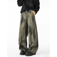 Threebooy Men's Distressed Tie-dye Denim Pants Male Casual Fashion Straight Loose Wide Leg Trousers Jeans Vintage Hip Hop Mopping Pants
