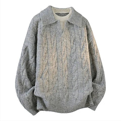 Threebooy Korean Luxury Jacquard Men Polo Sweater Loose V Neck Knit Solid Color Pullover Casual Premium Quality Long Sleeve Knitwear M-3XL