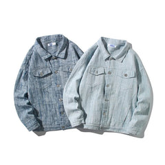 Threebooy Spring Men Lapel Denim Coat Jacquard patter Fashion Washed denim jacket Motorcycle Jeans Jacket Hommes loose Cotton Casual Coats