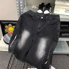Threebooy Streetwear Men Summer Loose Casual Denim Shorts Men Zipper Straight Versatile Five Point Pants Hip Hop Sports Basketball Shorts