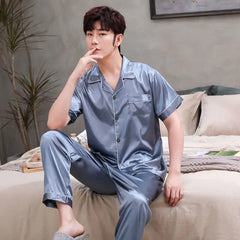 Threebooy Solid Pajama Sets for Lovers Silk Nightwear Solid Color Night Suit Men Plus Size Sleepwear Fashion Satin Homewear Plus SizeSet