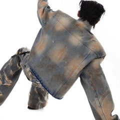 Threebooy Mens Denim Jacket Jeans Wilderness Construction Site Style Distressed Washed Holes Street Wear Fashion Versatile Men'S Wear