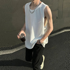 Threebooy Men's Leisure Knit Tank Tops Sleeveless Streetwear Solid Color Breathable Korean Popular Fashion Retro Loose Inner Clothes M-3XL