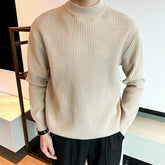 Threebooy New Korean Retro Men Basic Sweaters Luxury Knit Solid Color Mock Neck Long Sleeve Pullover Casual Textured High Quality Knitwear