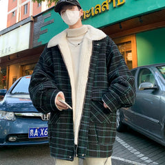 Threebooy Winter Plaid Cotton-padded Jacket Coat Pocket Decor Turn-down Collar Fleece-lined Thick Warm Zip-up Loose Jacket For Men