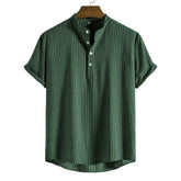 Threebooy Summer Men's Cotton Linen Stand Collar Short Sleeved Shirt
