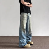 Threebooy Spring and Autumn Men and Women Trendy Personalized Straight Tube Inkjet Laundry Jeans American Couple Loose Retro Casual Pants