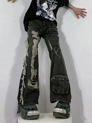 Threebooy Heavy-wash Distressed Multi-pocket Straight-leg Jeans American Retro Street Wide Leg Jeans Harajuku Style Hip Hop Trousers
