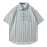 Threebooy Summer Short Sleeve Shirts Men Streetwear Hip Hop Puppy Embroidery Striped Shirt for Men Oversized Harajuku Pink Casual Blouse