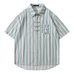 Threebooy Summer Short Sleeve Shirts Men Streetwear Hip Hop Puppy Embroidery Striped Shirt for Men Oversized Harajuku Pink Casual Blouse