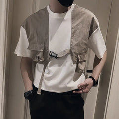 Threebooy Summer Splicing Workwear T-shirt Men's Short Sleeved Casual Round Neck T-shirt Fashion Multi Pocket Streetwear Tee Tops