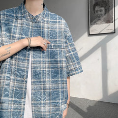 Threebooy Vintage Blue Loose Plaid Men'S Shirt Fashion Tie-dye Printed Lapel Short Sleeve Men Shirts Blouses Tops Male Clothing 5XL-M