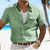 Threebooy Men's Linen Summer Shirt Beach Solid Color Lapel Spring and Summer Pocket