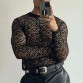 Threebooy Mens Lace Perspective Hollow Sports Fitness Slim Long-Sleeved Top Autumn Sexy Nightclub Breathable Bottoming Shirt For Men