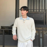 Threebooy Fashion Patchwork Men Polo Sweater Light Luxury Japanese Popular Knitwear Premium Quality Long Sleeve Pullover Trendy Streetwear