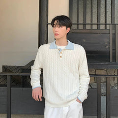 Threebooy Fashion Patchwork Men Polo Sweater Light Luxury Japanese Popular Knitwear Premium Quality Long Sleeve Pullover Trendy Streetwear