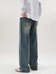 Threebooy Men's Fashion Design Jeans Baggy Straight Vintage Blue Denim Pants High Street Personality Trendy Brand Streetwear Male Trousers