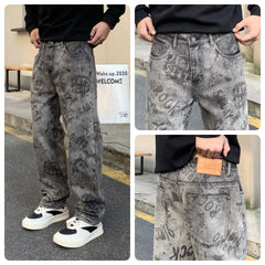 Threebooy High Quality New Grey Jeans Men Graphic Printed Y2k Denim Trousers Hip Pop Rock Straight Fit Male's Pants