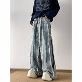 Threebooy Destroyed Stitching Jeans Men's Rough selvedge Blue Washed Jeans Gothic Style Street Trend Clothing Retro Loose Wide Leg Pants