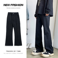 Threebooy New Men's Patchwork Bootcut Jeans Elastic Waist Vintage Classic Blue Black Denim Trousers Fashion High Street Korean Male Pants