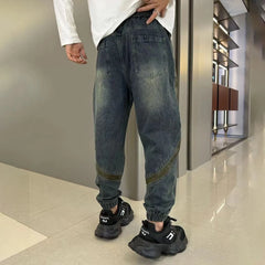 Threebooy Mens Street Hip-Hop Y2k Jeans Autumn New Fashion Trend Contrast Color Stitching Trousers Loose Slim Elastic Waist Harem Pants