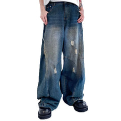 Threebooy Korean Retro Men'S Ripped Jeans Loose Straight Leg Pants Fashionable Design Jeans Casual Wide Leg Pants