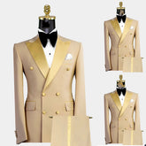 Threebooy Gold Men Suits 2 Pieces Blazer Pure Pants Double Breasted Tuxedo Modern SatinWide Lapel Wedding Formal Work Prom Causal Tailored