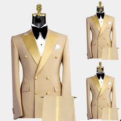 Threebooy Gold Men Suits 2 Pieces Blazer Pure Pants Double Breasted Tuxedo Modern SatinWide Lapel Wedding Formal Work Prom Causal Tailored