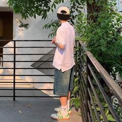 Threebooy Summer Men's Loose Distressed Denim Shorts Wide Leg Straight Five Point Mid Knee Length Jeans Shorts