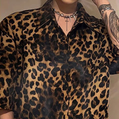 Threebooy Summer New Men's Leopard Print Short-Sleeved Shirt American Retro Fashion Trend Street Loose Casual Breathable Niche Men's Tops